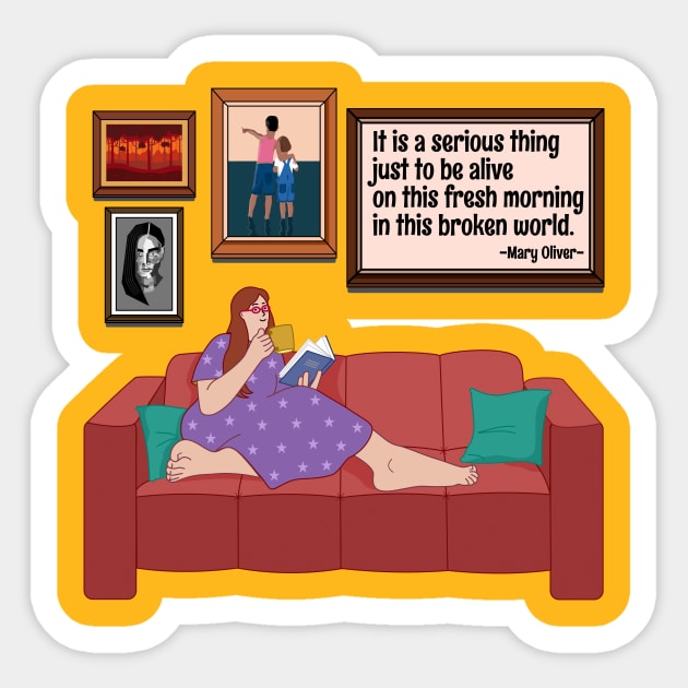 Woman Reading and Having Coffee Sticker by RoeArtwork